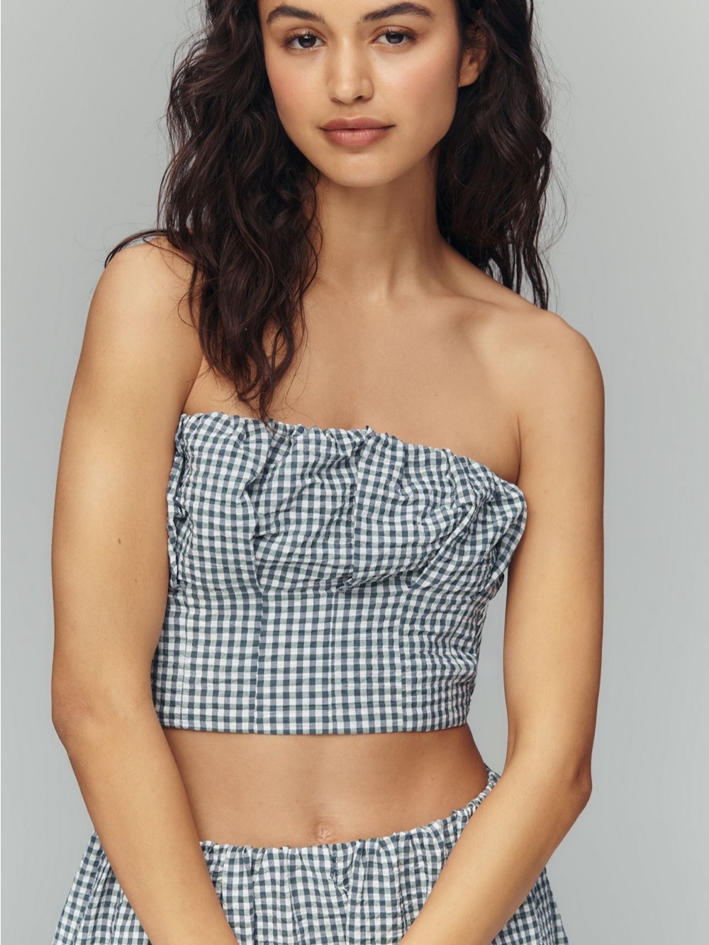 Maeve Navy and White Gingham Strapless Crop Top